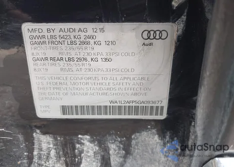 2016 Audi Q5 2.0T Premium from USA, damaged, VIN WA1L2AFP5GA093677